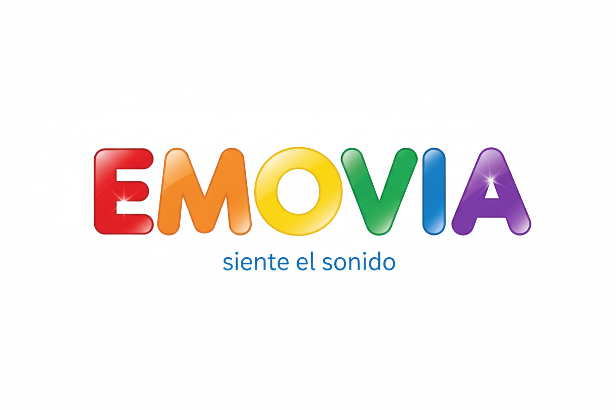 la palabra EMOVIA que cada letra sea un color del arcoiris que tenga reflejos  y que mas abajo diga mas pequeño siente el sonido en color azul